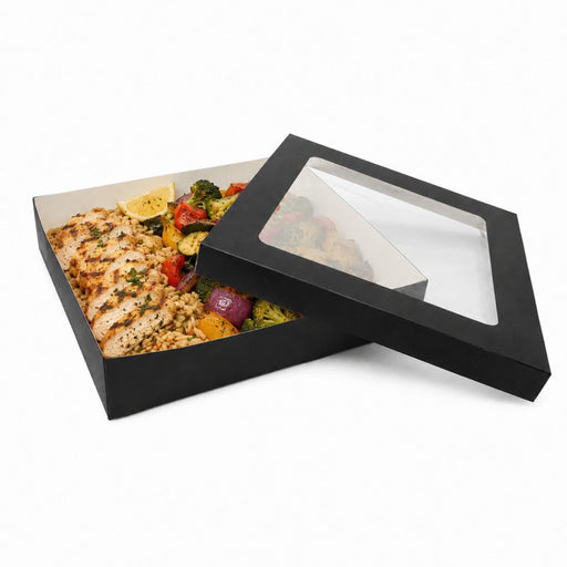 Scatola "Kray" quadrata in cartone nero con coperchio a finestra - 3000 ml - 26,5 cm x 26,5 cm x 5 cm - 100 unità
