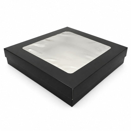 Scatola "Kray" quadrata in cartone nero con coperchio a finestra - 3000 ml - 26,5 cm x 26,5 cm x 5 cm - 100 unità