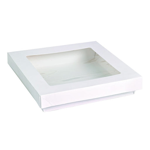 Scatola "Kray" quadrata in cartone bianco con coperchio a finestra in PLA - 900 ml - 15,5 cm x 15,5 cm x 5 cm - 250 unità