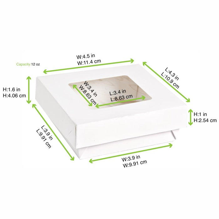 Scatola "Kray" quadrata in cartone bianco con coperchio a finestra - 350 ml - 11,5 cm x 11,5 cm x 4 cm - 250 unità