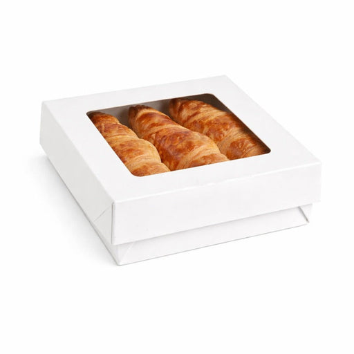 Scatola "Kray" quadrata in cartone bianco con coperchio a finestra - 700 ml - 13,5 cm x 13,5 cm x 5 cm - 250 unità