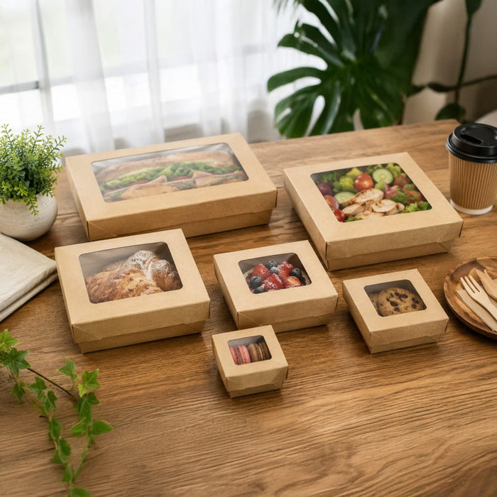 Scatola "Kray" quadrata in cartone marrone con coperchio a finestra - 700 ml - 13,5 cm x 13,5 cm x 5 cm - 100 unità - Rif. 210KRBAK135K