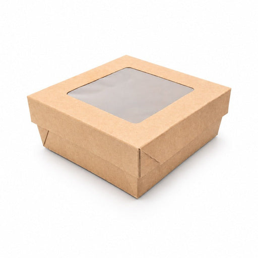 Scatola "Kray" quadrata in cartone marrone con coperchio a finestra - 700 ml - 13,5 cm x 13,5 cm x 5 cm - 100 unità - Rif. 210KRBAK135K