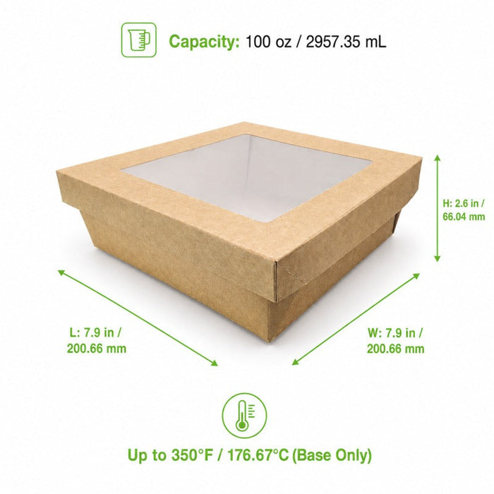 Scatola "Kray" quadrata in cartone marrone con coperchio a finestra - 20 cm x 20 cm x 6,5 cm - 100 unità - dimensions