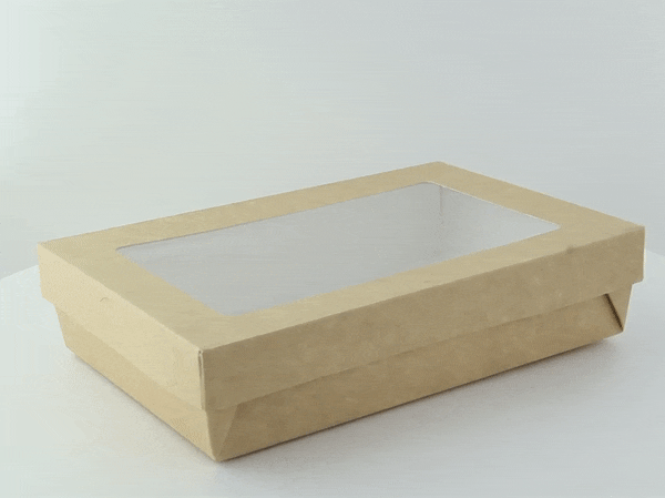 Scatola "Kray" rettangolare in cartone marrone con coperchio a finestra - 1500 ml - 22,5 cm x 15,5 cm x 5 cm - 100 unità
