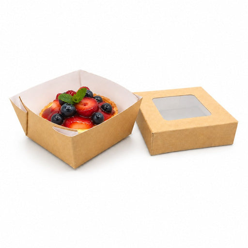 Scatola "Kray" quadrata in cartone marrone con coperchio a finestra - 200 ml - 8,5 cm x 8,5 cm x 4 cm - 100 unità - Rif. 210KRBAK85K