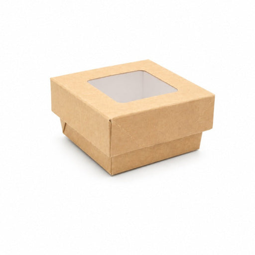 Scatola "Kray" quadrata in cartone marrone con coperchio a finestra - 200 ml - 8,5 cm x 8,5 cm x 4 cm - 100 unità - Rif. 210KRBAK85K