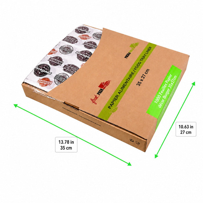 Carta alimentare bianca con decoro hamburger in scatola distributrice - 35 cm x 27 cm - 1000 unità - dimensions