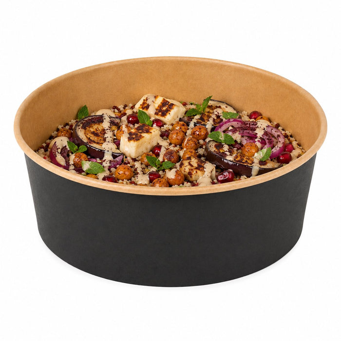 Insalatiera rotonda "Buckaty" in cartone kraft nero - 1300 ml - Ø 18,3 cm - H 6,5 cm - 360 unità
