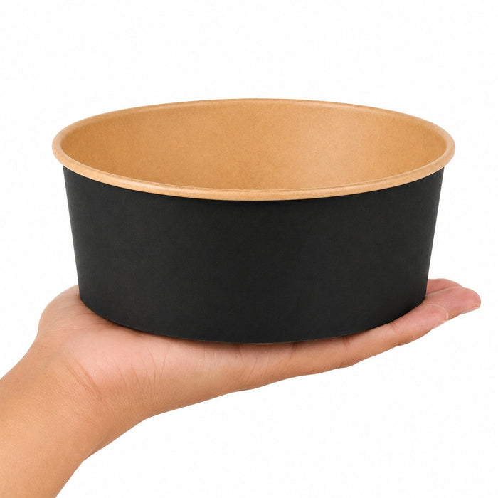 Insalatiera rotonda "Buckaty" in cartone kraft nero - 1300 ml - Ø 18,3 cm - H 6,5 cm - 360 unità