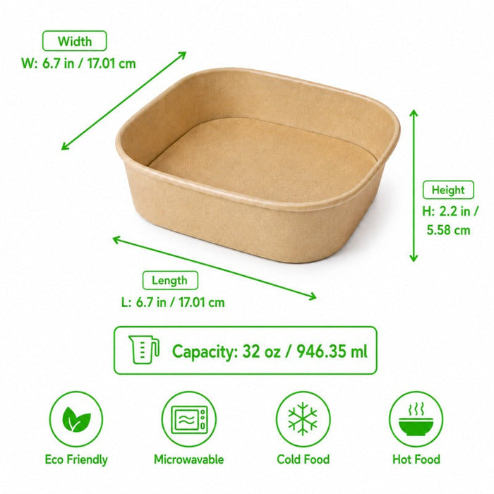 Insalatiera quadrata multiuso in cartone kraft riciclato senza coperchio - 1000 ml - 17 cm x 17 cm x 5,6 cm - 300 unità - dimensions