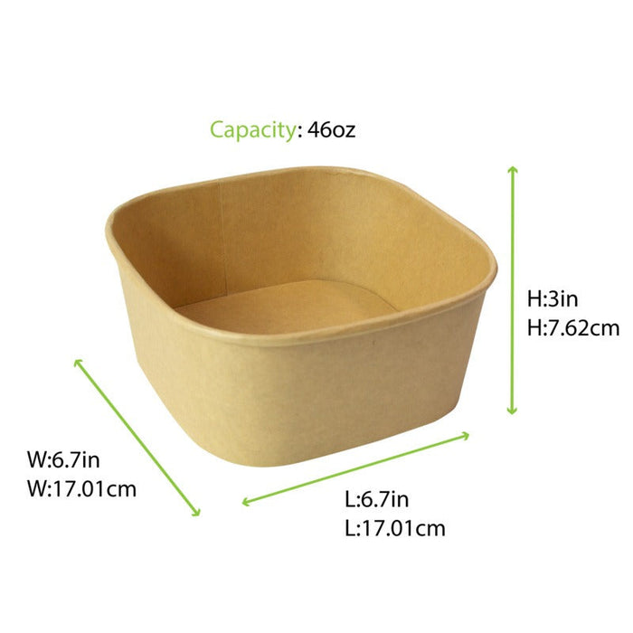 Insalatiera quadrata multiuso in cartone kraft riciclato senza coperchio - 1400 ml - 17 cm x 17 cm x 7,5 cm - 300 unità - dimensions