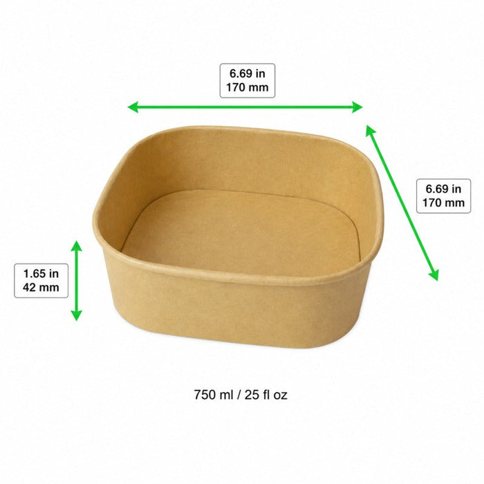 Insalatiera quadrata multiuso in cartone kraft riciclato senza coperchio - 750 ml - 17 cm x 17 cm x 4,4 cm - 300 unità