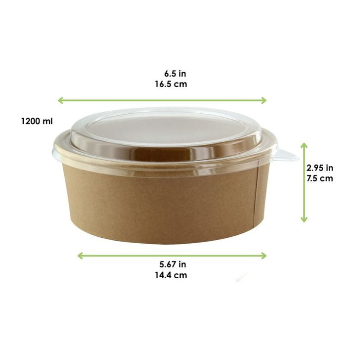 Insalatiera rotonda "Buckaty" in cartone kraft con coperchio in PET - 1200 ml - Ø 16,5 cm - H 7,5 cm - 200 unità - dimensions