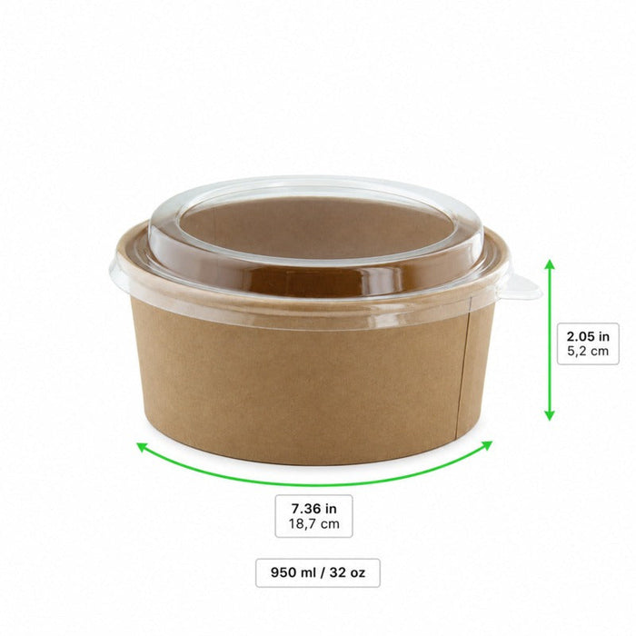 Insalatiera rotonda "Buckaty" in cartone kraft con coperchio in PET - 1250 ml - Ø 18,4 cm - H 6,5 cm - 200 unità - dimensions