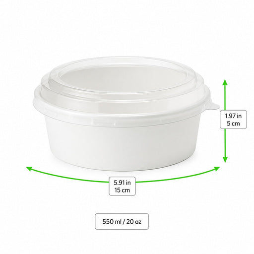 Insalatiera rotonda "Buckaty" in cartone bianco con coperchio in PET - 550 ml - Ø 15 cm - H 5 cm - 300 unità - dimensions