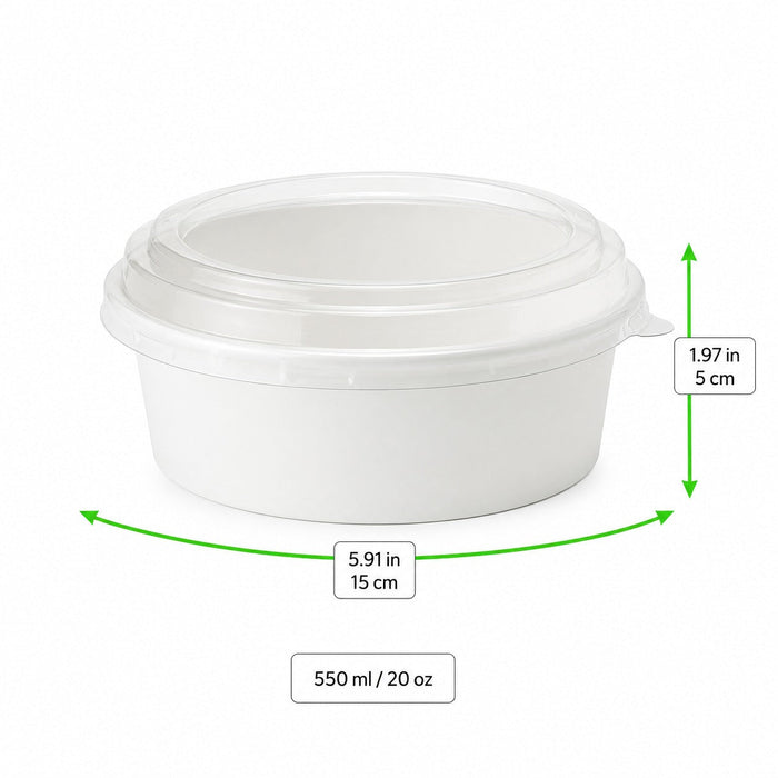 Insalatiera rotonda "Buckaty" in cartone bianco con coperchio in PET - 550 ml - Ø 15 cm - H 5 cm - 300 unità - dimensions