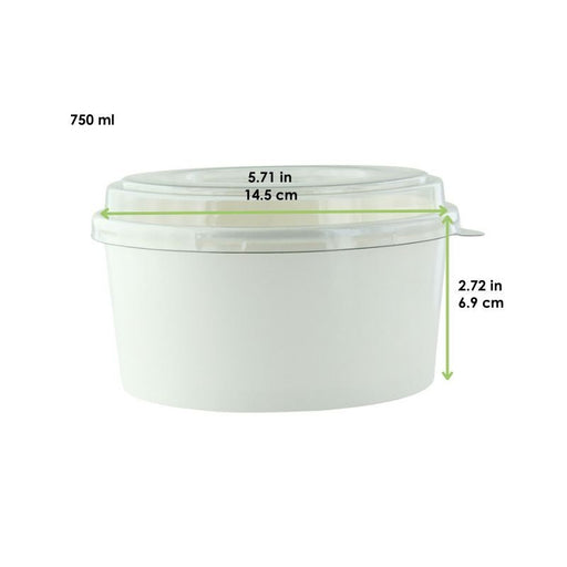 Insalatiera rotonda "Buckaty" in cartone bianco con coperchio in PET - 750 ml - Ø 14,5 cm - H 6,9 cm - 300 unità - dimensions