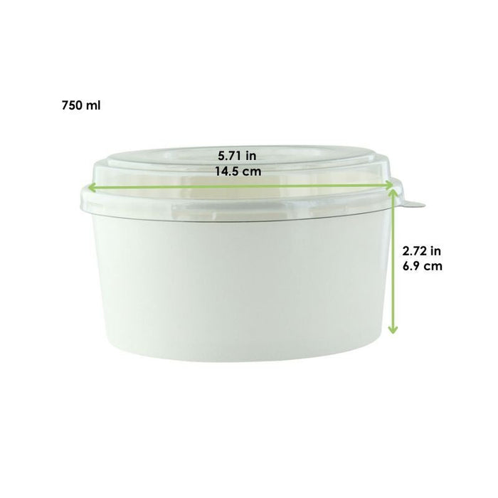 Insalatiera rotonda "Buckaty" in cartone bianco con coperchio in PET - 750 ml - Ø 14,5 cm - H 6,9 cm - 300 unità - dimensions