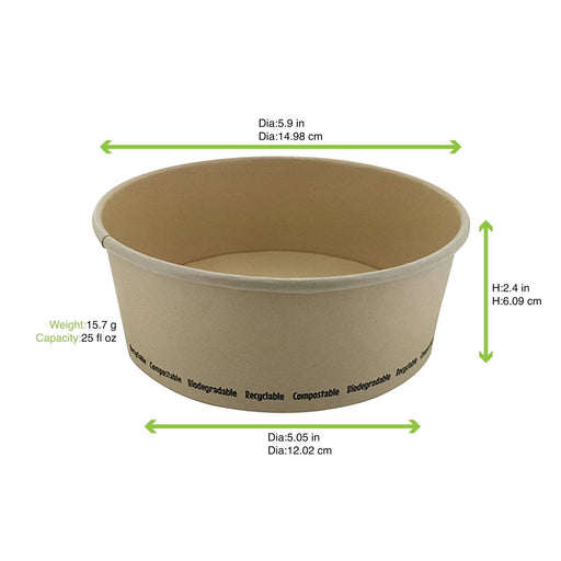 Insalatiera rotonda "Buckaty" in cartone di fibra di bambù con PLA - 750 ml - Ø 15 cm - H 6 cm - 360 unità - dimensions