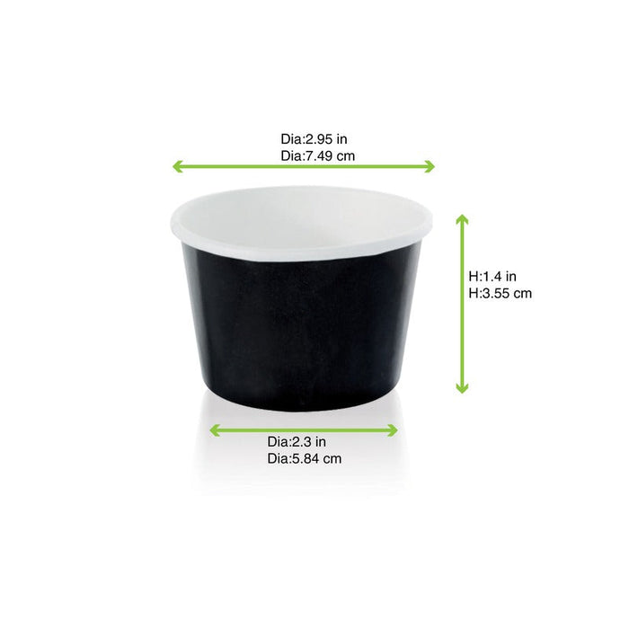 Contenitore in cartone nero per caldo e freddo - 86 ml - Ø 7,4 cm - H 3,8 cm - 1000 unità - dimensions