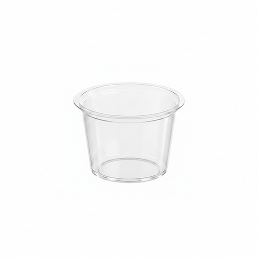 Contenitore per salse rotondo in plastica PET trasparente - 50 ml - Ø 6,5 cm - H 2,8 cm - 3000 unità