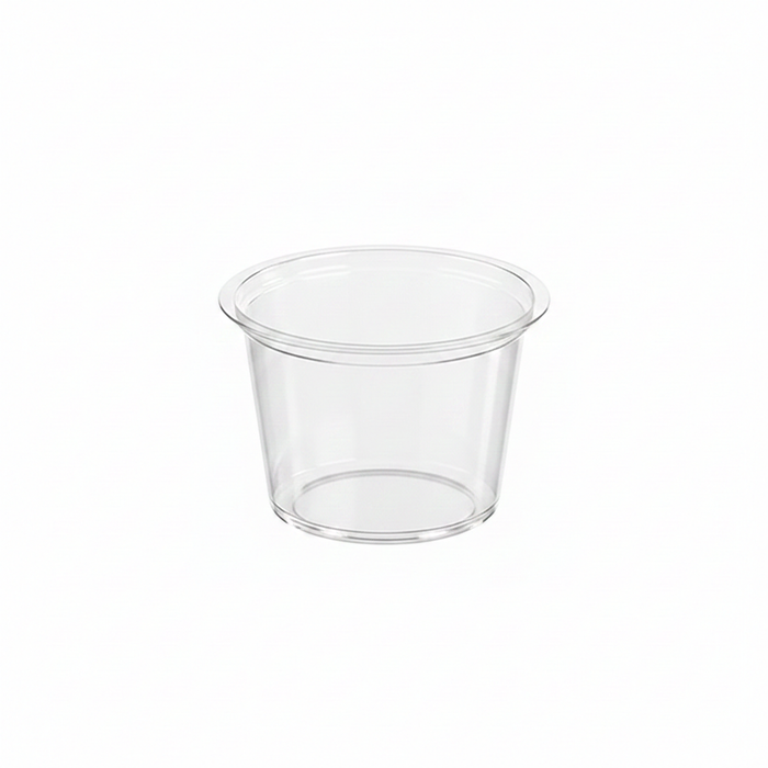 Contenitore per salse rotondo in plastica PET trasparente - 50 ml - Ø 6,5 cm - H 2,8 cm - 3000 unità