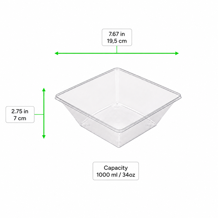 Insalatiera quadrata "Pyramide" in PET trasparente senza coperchio - 1000 ml - 19,5 cm x 19,5 cm x 7 cm - 300 unità