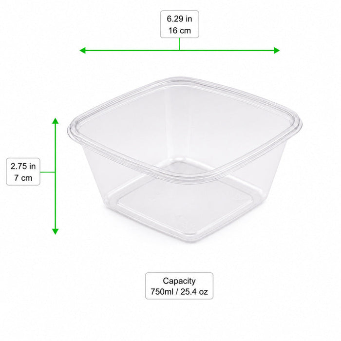 Insalatiera quadrata piatta in PET trasparente senza coperchio - 750 ml - 19 cm x 19 cm x 4,5 cm - 300 unità