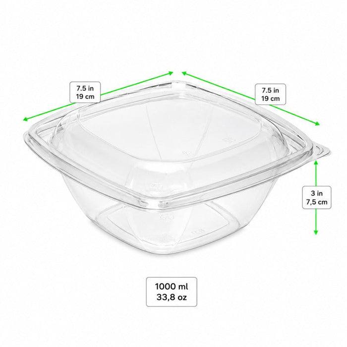 Insalatiera quadrata in PET trasparente con coperchio a cupola - 1000 ml - 19 cm x 19 cm x 7,5 cm - 200 unità - dimensions