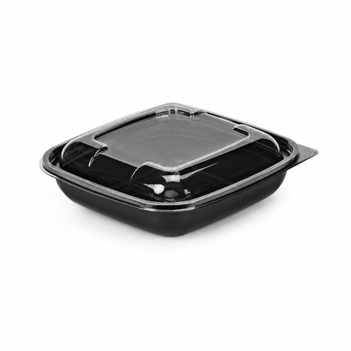 Insalatiera quadrata in PET nero con coperchio a cupola - 750 ml - 19 cm x 19 cm x 6,5 cm - 200 unità