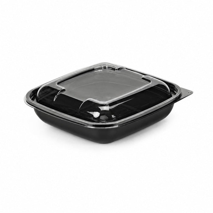 Insalatiera quadrata in PET nero con coperchio a cupola - 750 ml - 19 cm x 19 cm x 6,5 cm - 200 unità