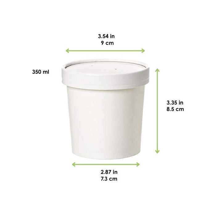 Contenitore in cartone bianco per caldo e freddo con coperchio in cartone - 350 ml - Ø 9 cm - H 8,5 cm - 250 unità - dimensions