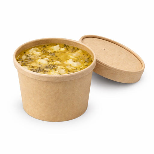 Contenitore in cartone kraft marrone per caldo e freddo con coperchio in cartone - 350 ml - Ø 9 cm - H 8,5 cm - 500 unità