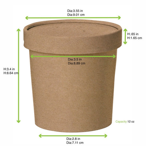 Contenitore in cartone kraft marrone per caldo e freddo con coperchio in cartone - 350 ml - Ø 9 cm - H 8,5 cm - 500 unità - dimensions