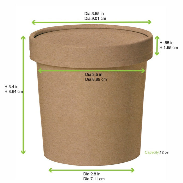 Contenitore in cartone kraft marrone per caldo e freddo con coperchio in cartone - 350 ml - Ø 9 cm - H 8,5 cm - 500 unità - dimensions