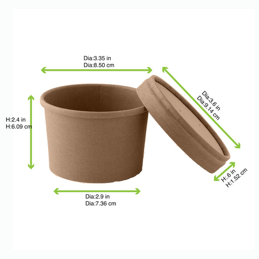 Contenitore in cartone kraft marrone per caldo e freddo con coperchio in cartone - 240 ml - Ø 9 cm - H 6,1 cm - 500 unità - dimensions