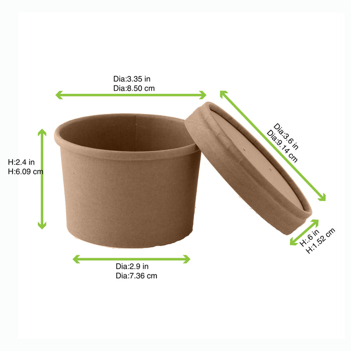 Contenitore in cartone kraft marrone per caldo e freddo con coperchio in cartone - 240 ml - Ø 9 cm - H 6,1 cm - 500 unità - dimensions