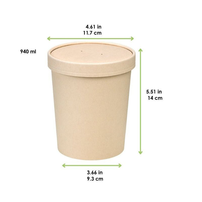 Contenitore in cartone di fibra di bambù per caldo e freddo con coperchio in cartone - 940 ml - Ø 11,7 cm - H 14 cm - 250 unità - dimensions