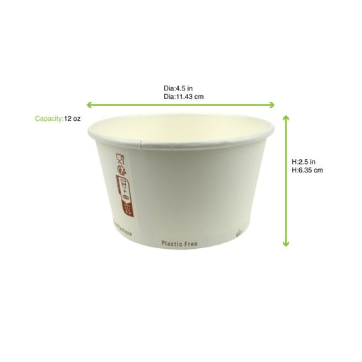 Contenitore in cartone bianco per caldo e freddo senza plastica - 350 ml - Ø 11,5 cm - H 6,4 cm - 500 unità - dimensions