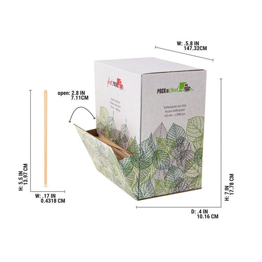 Palettina da caffè in legno a punte arrotondate in scatola distributrice - 14 cm - 10000 unità - dimensions