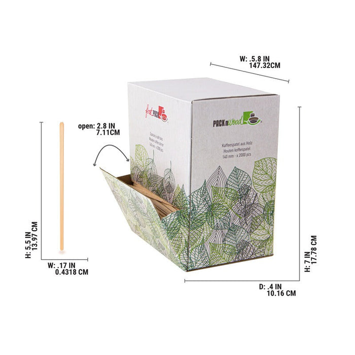Palettina da caffè in legno a punte arrotondate in scatola distributrice - 14 cm - 10000 unità - dimensions