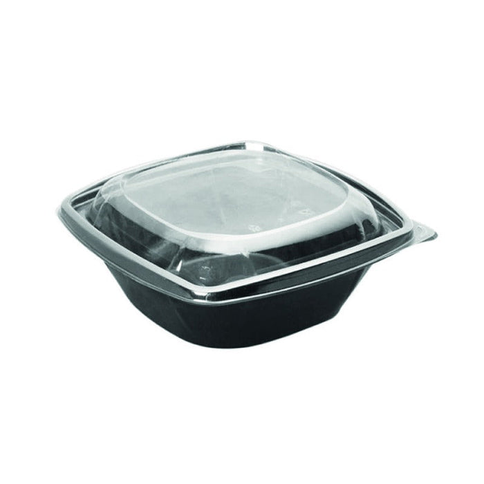 Insalatiera quadrata piatta in PET nero con coperchio trasparente - 1000 ml - 19 cm x 19 cm x 5,5 cm - 150 unità