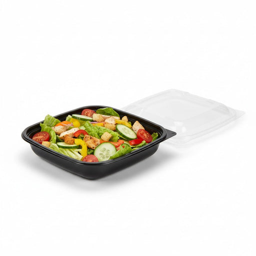 Insalatiera quadrata piatta in PET nero con coperchio trasparente - 750 ml - 19 cm x 19 cm x 4,5 cm - 150 unità