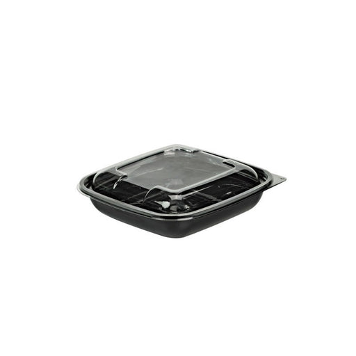 Insalatiera quadrata piatta in PET nero con coperchio trasparente - 750 ml - 19 cm x 19 cm x 4,5 cm - 150 unità
