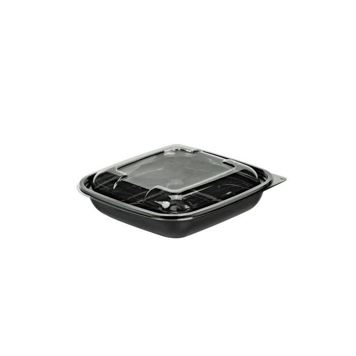 Insalatiera quadrata piatta in PET nero con coperchio trasparente - 750 ml - 19 cm x 19 cm x 4,5 cm - 150 unità