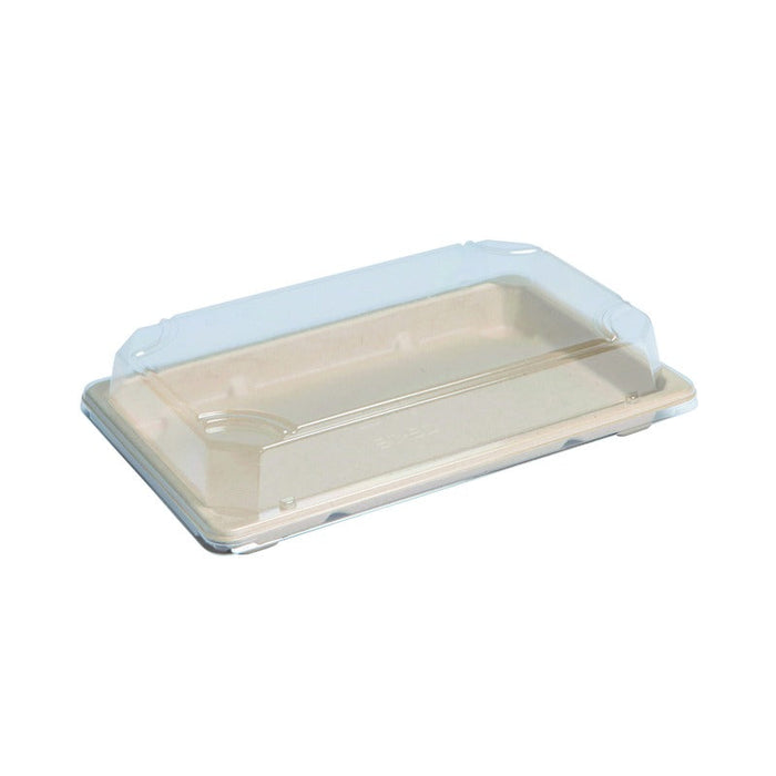 Vaschetta per sushi in polpa di cellulosa con coperchio in PS trasparente "Itto" - 21,3 cm x 13,5 cm x 1,5 cm - 200 unità