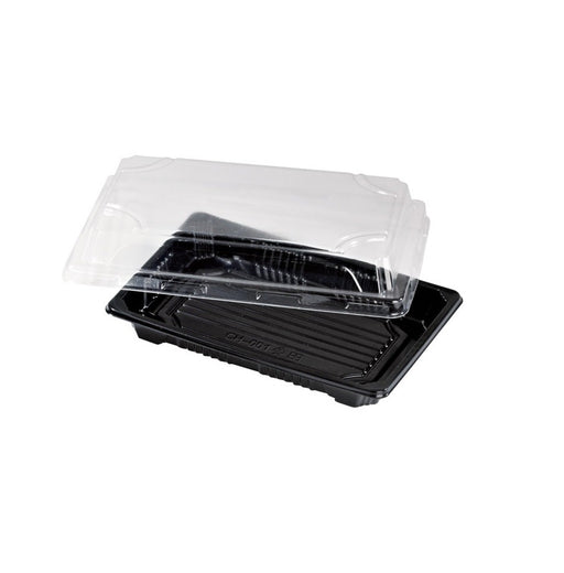 Vaschetta sushi in plastica PS nera con coperchio in PET trasparente "Suky" - 17 cm x 12 cm x 4 cm - 200 unità