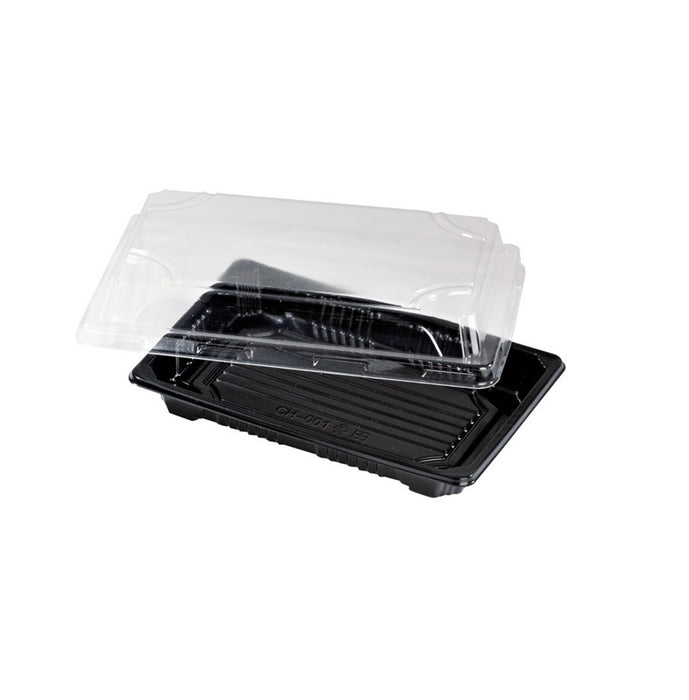 Vaschetta sushi in plastica PS nera con coperchio in PET trasparente "Suky" - 17 cm x 12 cm x 4 cm - 200 unità