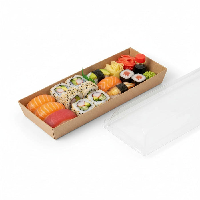 Vaschetta per sushi in cartone kraft marrone con coperchio in PET trasparente - 20,9 cm x 7,8 cm x 2,5 cm - 300 unità